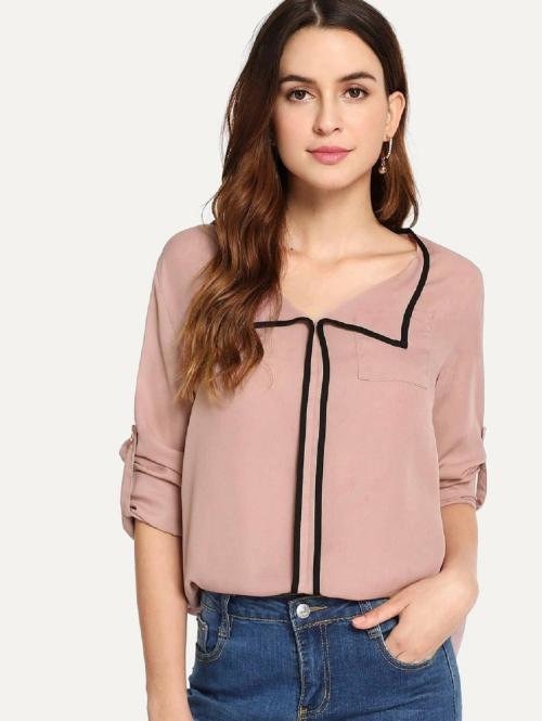Fabrange Contrast Binding Roll Tab Sleeve Dusty Pink Top