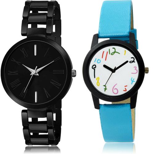 NEUTRON Latest Collection Simple Chain And Genuine Leather Black And Blue Colour Analog Metal And Genuine Leather Belt 2 Watch Combo For Women And Girls - G610-GO121