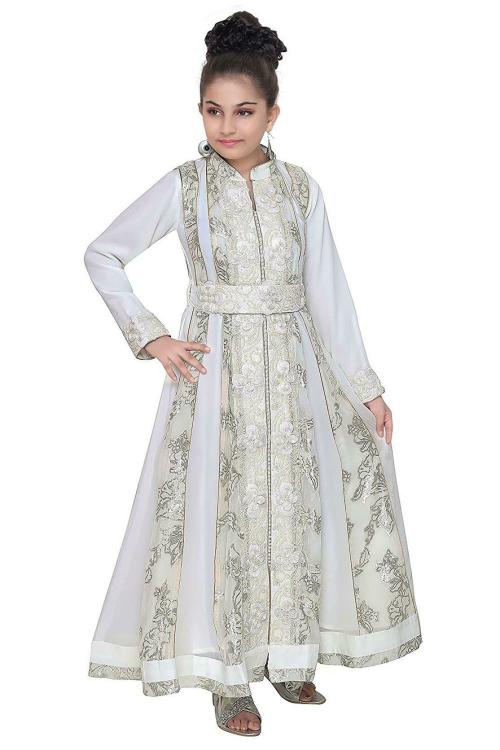 Maxim Creation Girls White and Cream Embroidered Polyester Kaftan Dress, 9 to 10 years