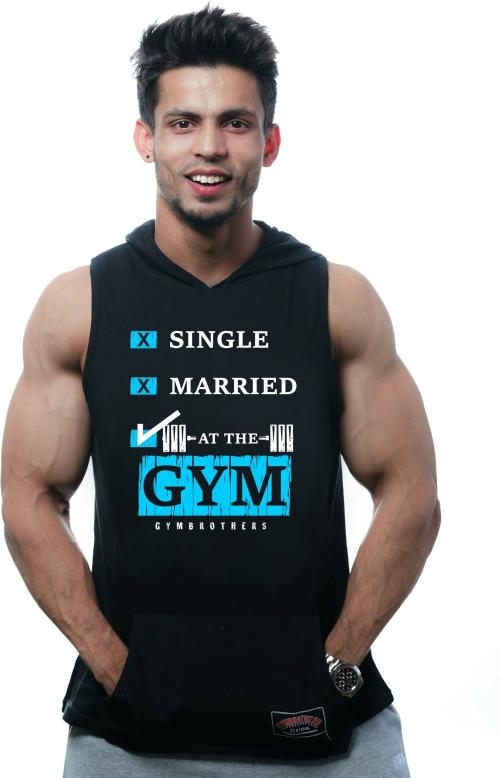 GYMBROTHERS Men's Workout Hooded Body Building Muscle Cut Off T Shirt Sleeveless Gym Hoodies Men Typography Hooded Neck Pure Cotton Black T-Shirt