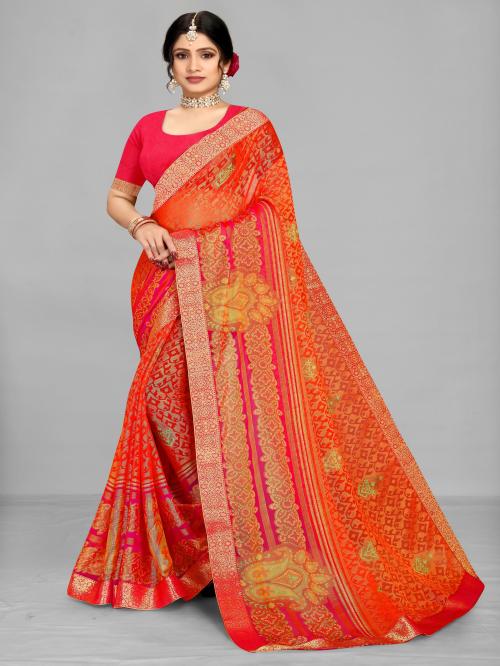 EMV EVERYMOMENT VOUGE Designer Brasso Chiffon Orange Color Printed With Lace