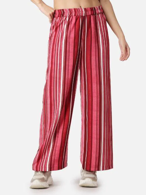 Popwings Women Casual Pink Stripes Printed Regular Relaxed Loose Fit Full Length Trouser ! Crepe Trousers for Women