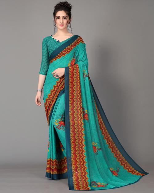 Ruchika Fashion Green Georgette Floral Saree With Blouse Material