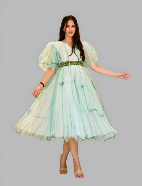 FOXDX Women Printed Georgette A line Maxi Dress for women (Green)