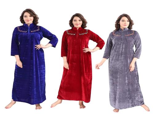 Women's Full Length Solid Combo Velvet Nighty For Winter Wear Nightdress Sleepwear And Lounge Wear Nighty (Pack of 3) (Navy Blue, Maroon,Grey)