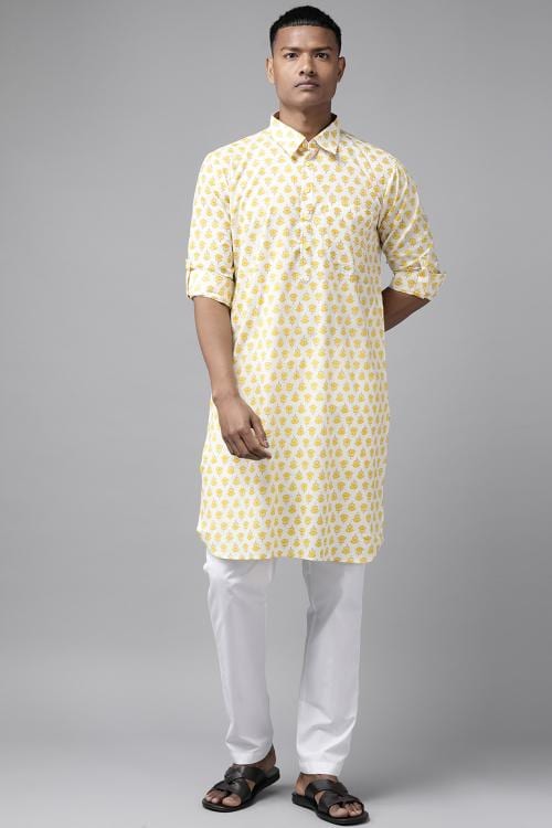 SEE DESIGNS Men Off White Regular Pure Cotton Pathani Printed Men's Kurta With White Salwar