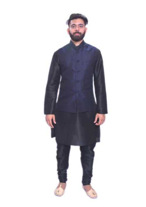Mag Men's Black Matching Kurta Churidar With Navy Blue Waistcoat