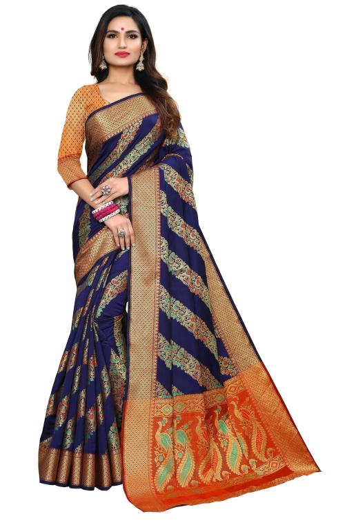 Aashvi Creation Self Design, Embroidered, Woven Assam Silk Silk Blend, Poly Silk Saree (Dark Blue)