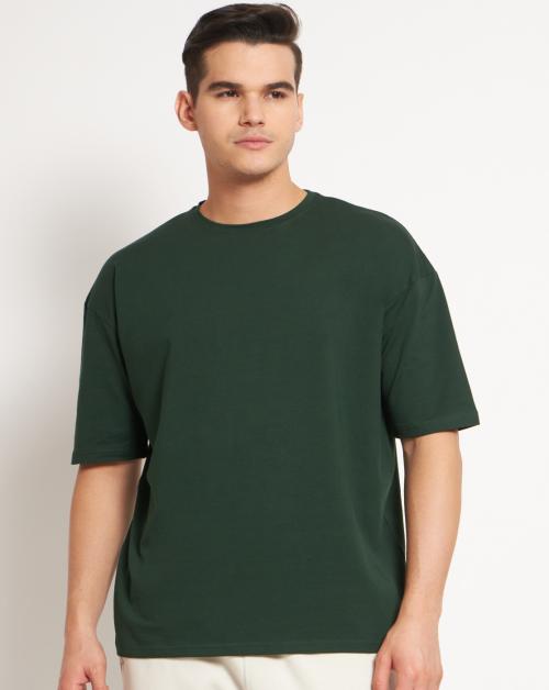 FITINC Bottle Green Premium Cotton Drop-Shoulder Oversized T-Shirt