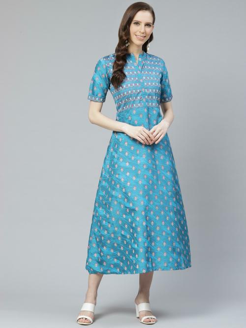 ZIYAA Women Teal Floral Fit And Flare Dress