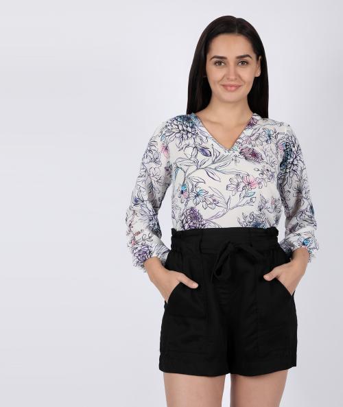 Chimpaaanzee Women White Poly Crepe V Neck Full Sleeve Top