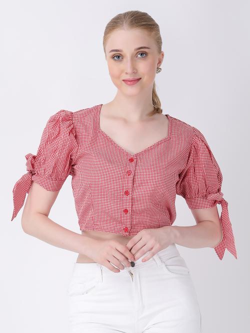 For U Stylish Polyester 90'S Style Crop Top For Women Front Open Modern Crop Tops (Red) (XL)