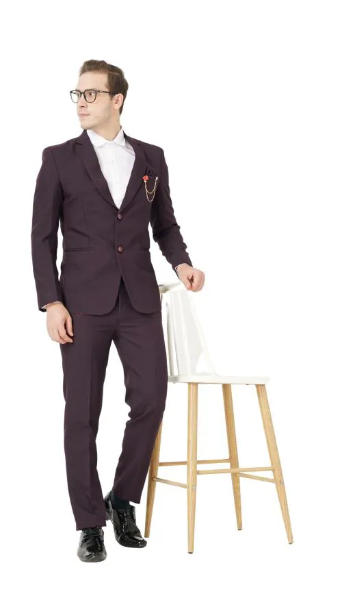 MR. DULHA Single Breasted Blazer Slim Fit Solid Men Suit Mens Self Design Formal Three Piece Set, Mens Wedding Suit, Suit for Engagement, Mens Suit for Office Wearing, Suit Set for Men-WINE-36