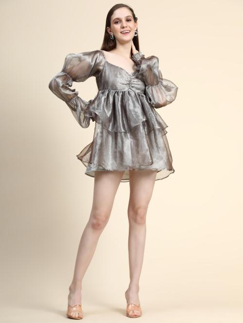 Rujave Women Silver Solid Cotton Silk Fit And Flare Dress (M)