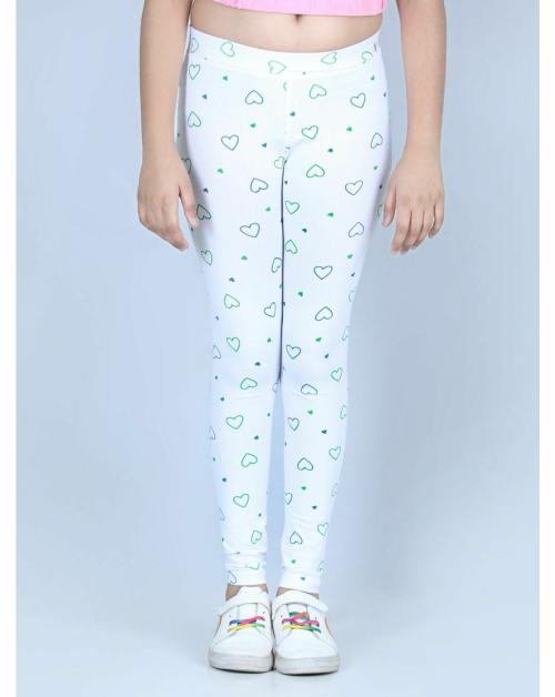 StyleStone Girls Heart Printed Leggings with Flat Waistband- White