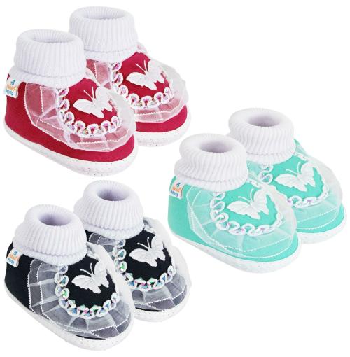 Neska Moda 6 To 9 Months Baby Girls Pack of 3 Pair Cotton Butterfly Frill Baby Booties