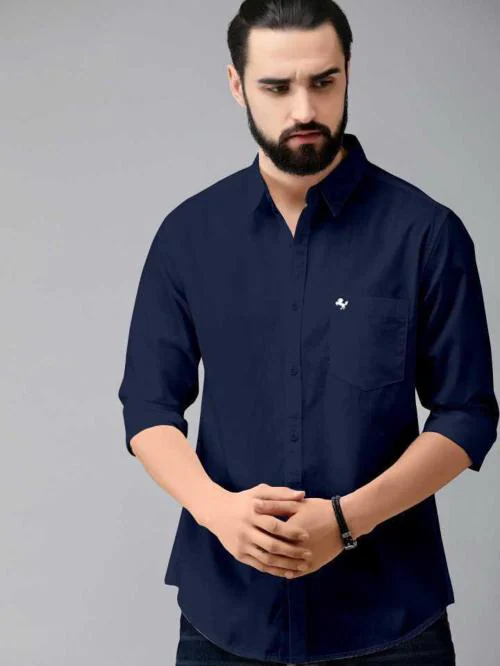 Bought First Men Dark Blue Solid Pure Cotton Casual Shirt (L)