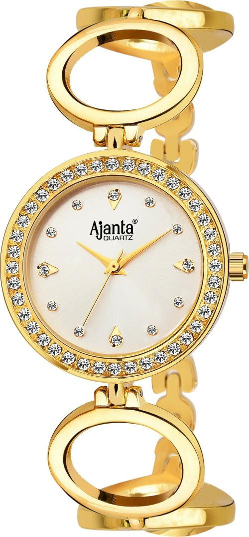 Ajanta Quartz Analog Silver Dial Gold Strap Watch For Girls