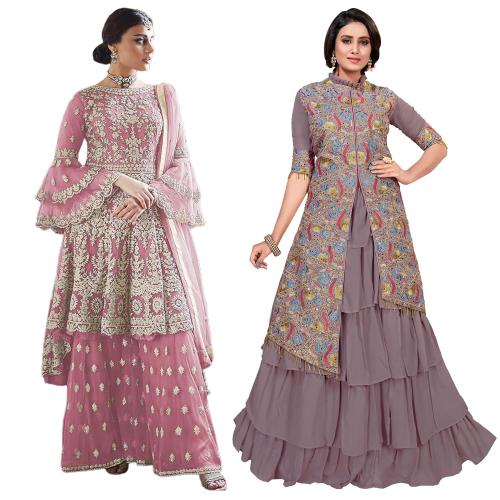 SAAHMRIGA Women Pink, Purple Embroidered Net Set Of 2 Kurta Palazzo Set And Kurta Sharara Set Dress Material