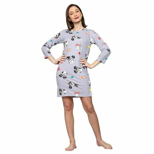 Aurea Full Sleeves Knee Length T-Shirt Nightgown Dress for Girls & Women (Large, Purple)