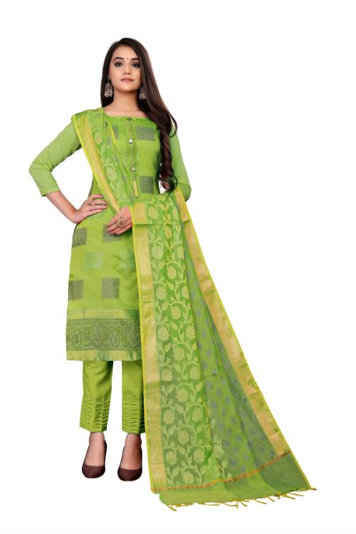 Sainoor Women Free Size Green Embroidered Cotton Blend Semi-Stitched Dress Material