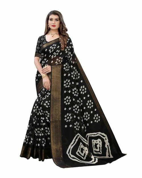 Saadhvi Women's Black Cotton Silk Bandhani Printed Saree With Blouse(FL-BHUTRA012_JD, Free Size)