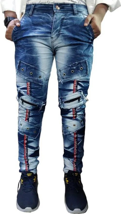 Tracknjeans Men Dark Blue Patch Work Cotton Blend Jeans
