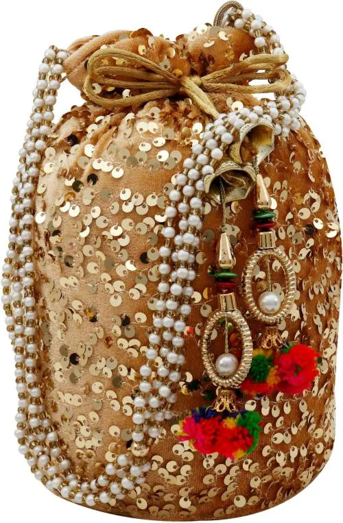 AILTINO Women Gold Velvet Potli (Medium)