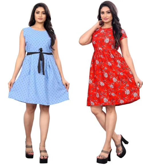 SELVIFAB Women Blue, Red Printed Crepe A-Line Kurta (L)