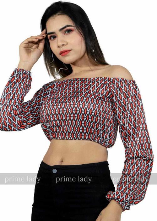 PRIMELADY Women Red Floral Lycra Blend Off Shoulder Crop Top (L)