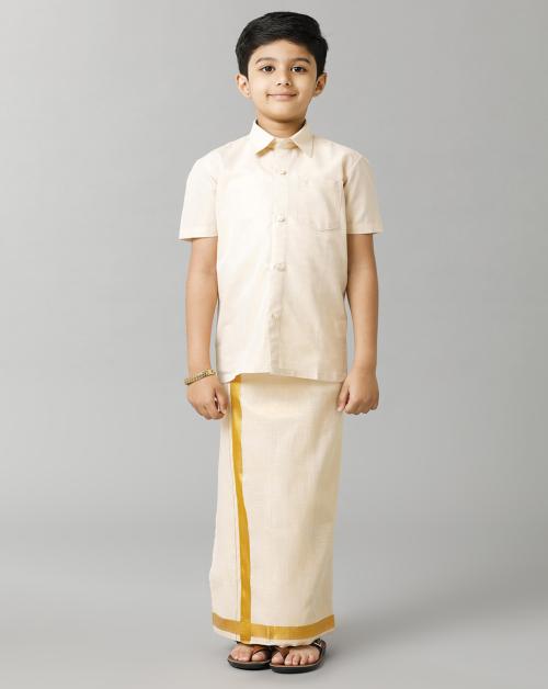 Ramraj Cotton Boys GOLD Color Tissue Shirt and Dhoti
