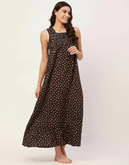 Moomaya Sleepwear, Sleeveless Long Nightdress, Printed Square Neck Nightgown Maxi
