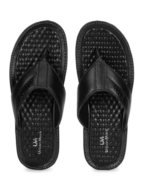 UrbanMark Men Comfortable Perforated Upper Outdoor Faux Leather Cushioned Thong Flip Flop- Black