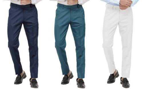 KUNDAN Men's Poly-Viscose Blended Navy Blue, Morpich Blue & White Pack of 3 Formal Trousers