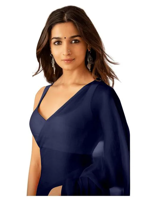 Sidhidata Women's Plain Pure Georgette Saree With Unstitched Blouse Piece (Rocky Aur Rani Ki Prem Kahani Alia Bhatt Saree) Navy Blue