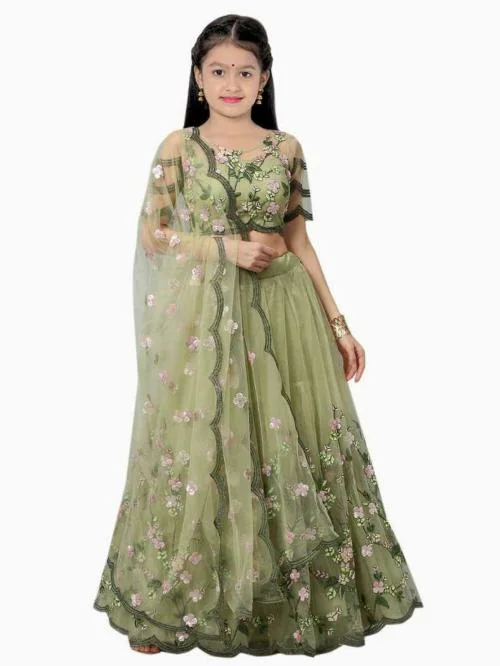 FULPARI Girls Lehenga Choli Party Wear Embroidered Lehenga Choli and Dupatta Set ( Light Green )