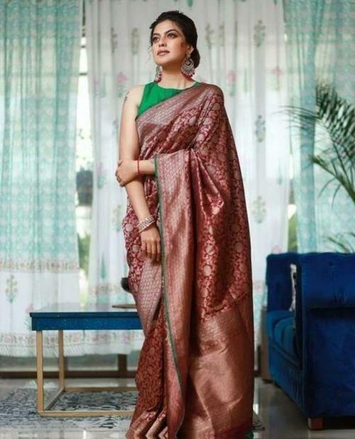 Prajval Women Maroon Woven Jacquard and Pure Silk Kanjivaram Saree