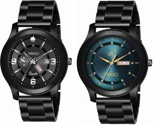 Piraso Analog Multicolor Dial Black Strap Day-Date Working Display Watch For Men (Pack Of 2)