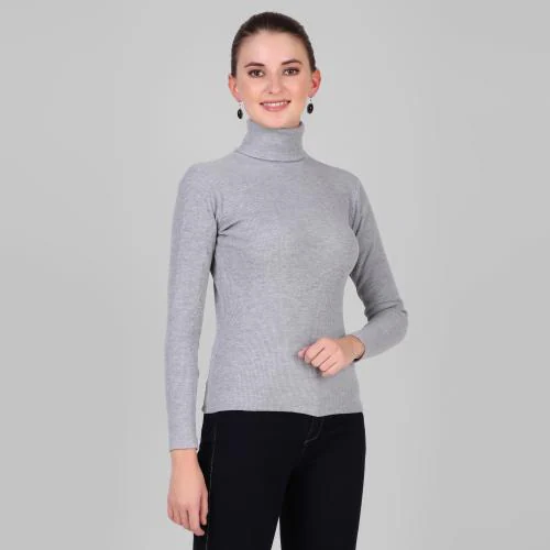 DIAZ Women's Cotton Rib Warm Full Sleeves High Neck/Inner/Sweatshirt/Sweater for Winters Size XL For Color Grey