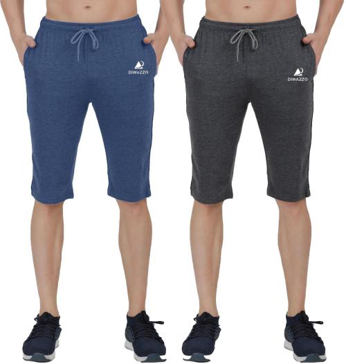 Diwazzo Men Blue, Black Solid Pure Cotton Pack Of 2 Three Fourths Pant (Xl)