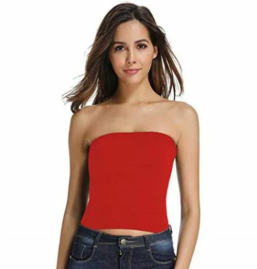 THE BLAZZE Women's Red Basic Sexy Solid Strappy Lycra Sleeveless Non-Padded Camisole Bandeau Bralette Tube Top