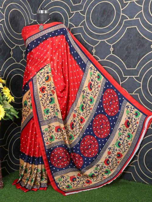 Worivoc Women Red Printed Crepe Bandhani Saree