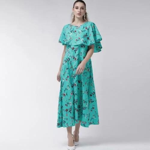 Vaani Creation Women Green Floral Print Crepe Maxi Dress (S)
