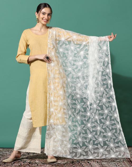 Siril Women's White Color Embroidered Net Dupatta