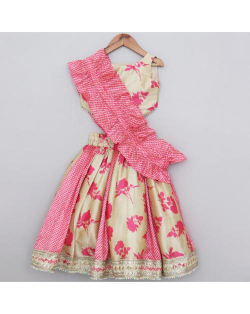 PICCO RICCO Pink & Golden Tussar Silk Lehenga Set For Girls|Size-9-10 Year