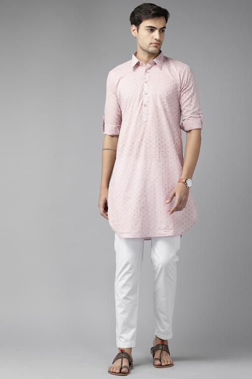 SEE DESIGNS Men Baby Pink Regular Pure Cotton Pathani Printed Men's Kurta With White Salwar