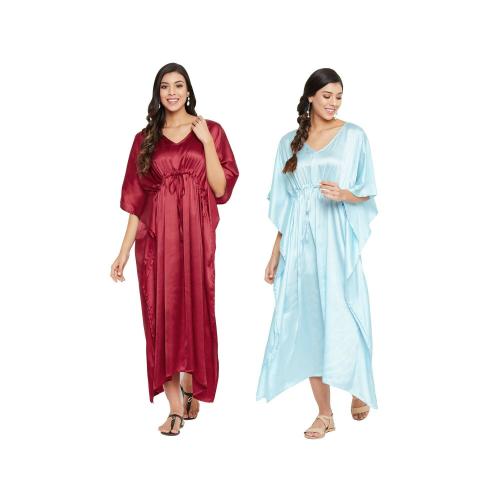 Riara Women Long Nighty Free Size Kaftan Solid Silk Satin Night Dress for Ladies Set of 2
