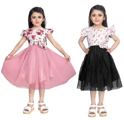 Manaitri Girls Midi/Knee Length Casual Combo Dress (Baby-Pink-black-Net-Frock-4-5y)