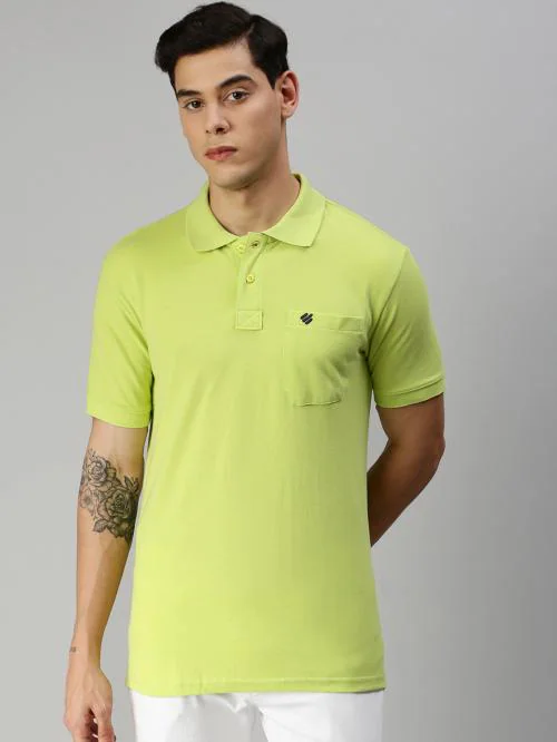 ONN Men's Fluorescent Green Solid Cotton Polo T-shirt