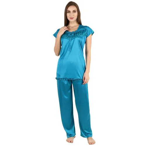 Buy Night keys Women's Satin Plain/Solid Light Blue Night suit Top